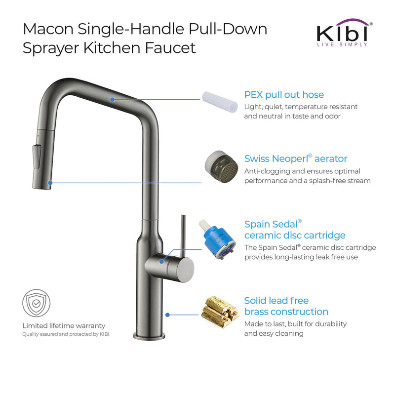 Kibi Macon Single Handle High Arc Pull Down Kitchen Faucet With Soap Dispenser in Titanium Finish - C-KKF2007TT-KSD100TT