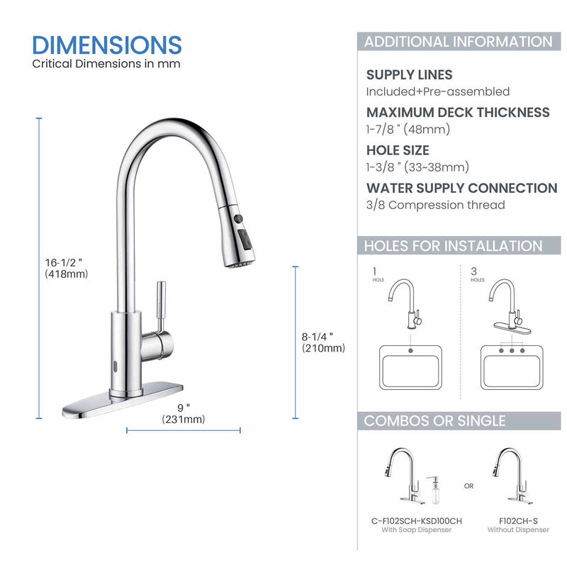 Kibi Single Handle Pull Down Kitchen Faucet With Touch Sensor In Chrome Finish - F102CH-S