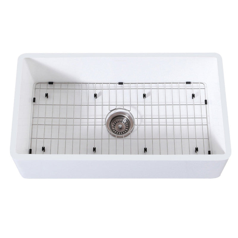 Kingston Brass 36 in. Farmhouse Kitchen Sink with Strainer and Grid, Matte White - KGKFA361810BC