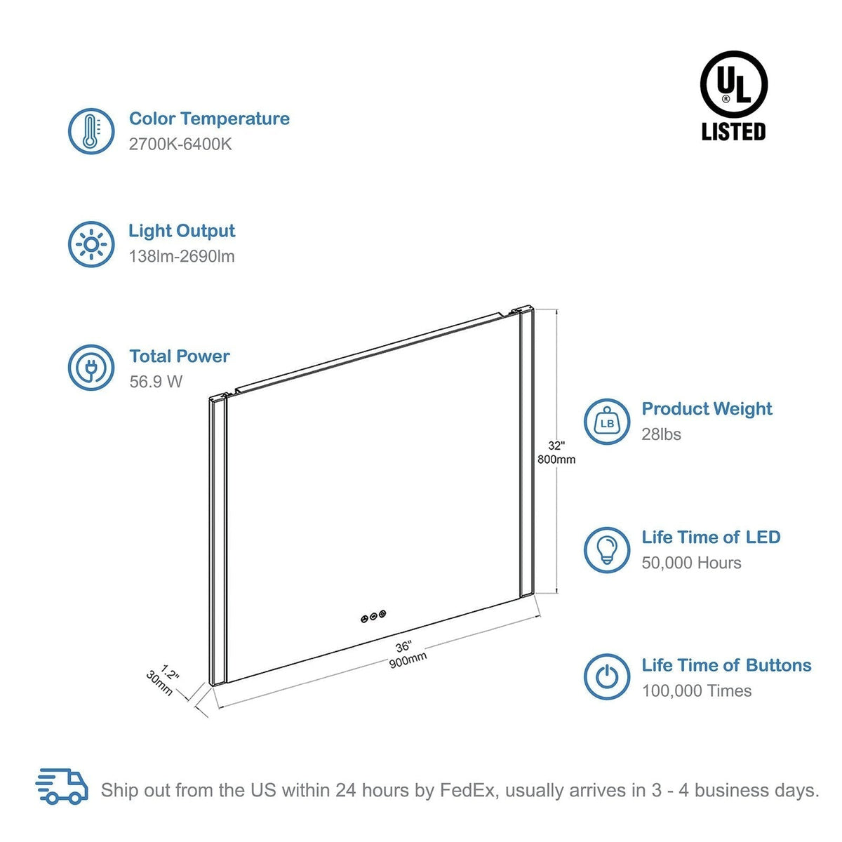 Blossom Binary 36″ LED Mirror - LED M5 3632 CH - Backyard Provider