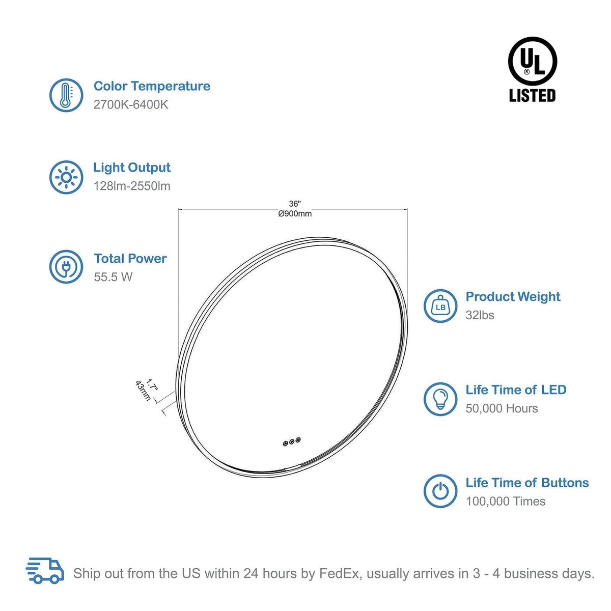 Blossom Oskar 36 Inch Round LED Mirror - LED M7 R36 MB - Backyard Provider