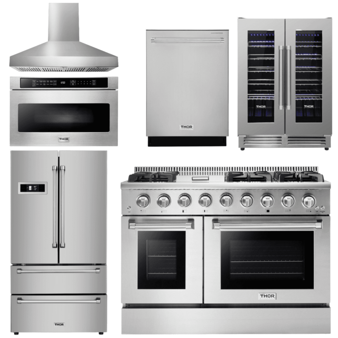 Thor Kitchen Appliance Package - 48 in. Gas Range, Range Hood, Refrigerator, Dishwasher, Microwave Drawer, Wine Cooler, AP-HRG4808U-W-6
