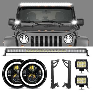 Auxbeam  07-17 Jeep JK - Mega Bundle, 7" LED Halo Headlights,52" 300W Straight LED Light Bar&Windshield Mounting Brackets, 18W Pods light - GP00007587