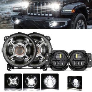 Auxbeam 9'' Round 100W LED Headlights with DRL & 4 Inch 30W LED Fog Lights with Adapter Ring for Jeep Wrangler JL 2018-2019 - GP00007533