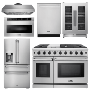 Thor Kitchen Appliance Package - 48" Gas Range, Hood, Fridge w/ Water & Ice, Dishwasher, Wine Cooler, Microwave - AP-LRG4807U-14
